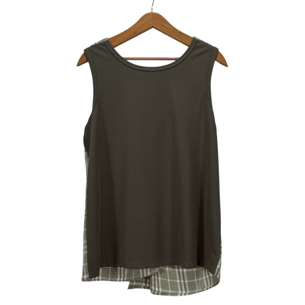 Doe & Rae Olive Tank Top with Plaid Detail